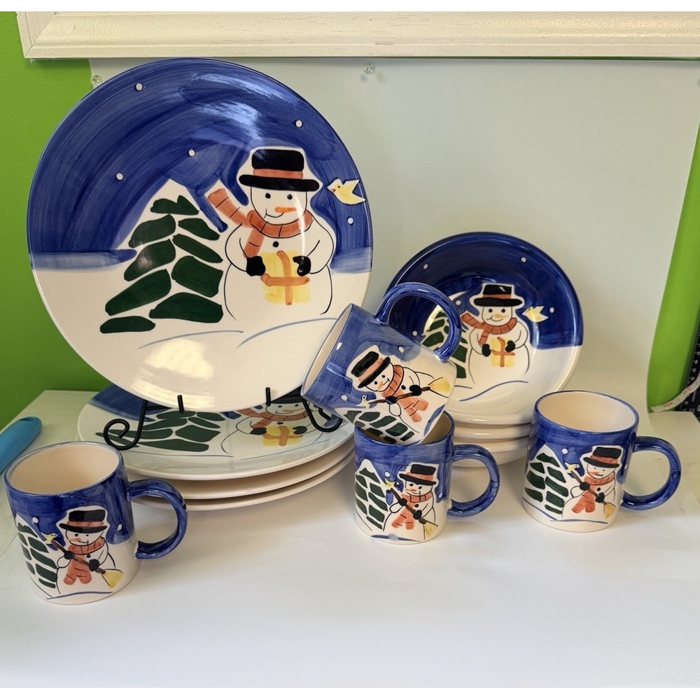 VTG Stoneware Hand Painted 12 Pc Snowmen Dinnerware Christmas Decor Grandmacore